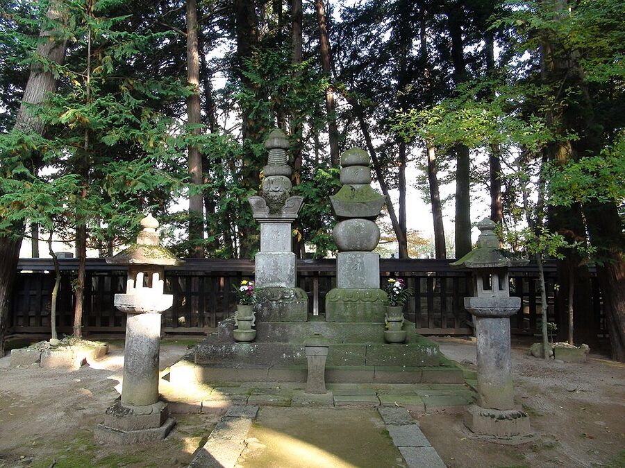 Takeda Shingens primary grave marker inside Erin-ji temple grounds in Koshu Yamanashi Prefecture