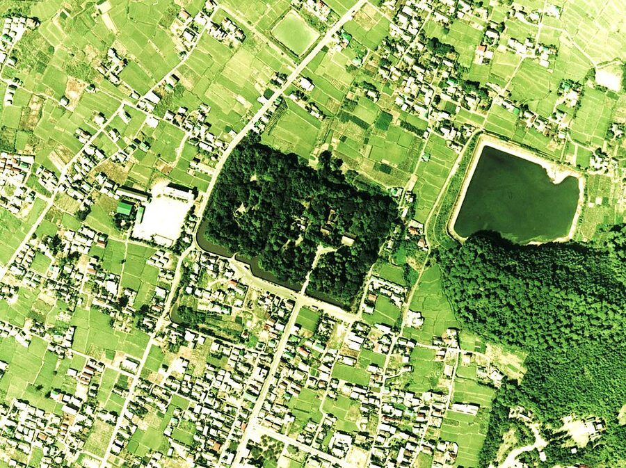 Aerial survey photograph of the Tsutsujigasaki yakata site in Kofu the fortified residence Shingen refused to upgrade