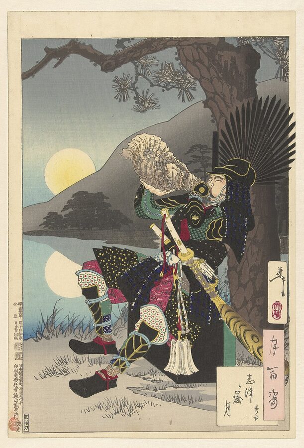Tsukioka Yoshitoshi ukiyo-e of Toyotomi Hideyoshi at Shizugatake under moonlight from the One Hundred Aspects of the Moon series held at Rijksmuseum