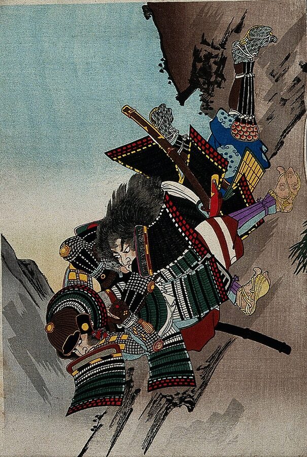 Meiji-era ukiyo-e by Toyohara Chikanobu depicting Kato Toranosuke later Kiyomasa fighting Yamaji Shogen at the Battle of Shizugatake