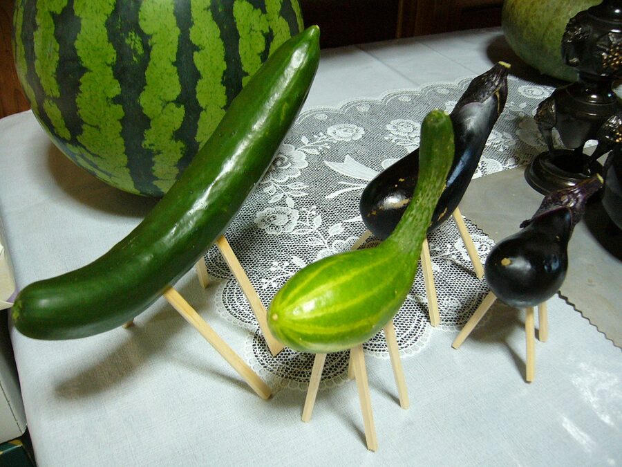 Shoryouma cucumber-horse and aubergine-ox figures placed as Obon altar offerings to carry ancestral spirits