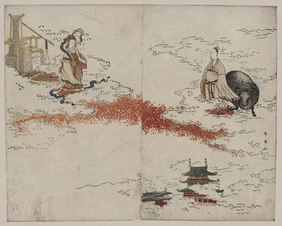 Edo-period print showing Orihime as the Weaver Maiden and Hikoboshi as the Cowherd