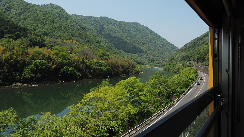 Takahashi River valley viewed from above showing the cold-air pooling topography that produces the Bitchu Matsuyama Castle unkai sea of clouds phenomenon at dawn