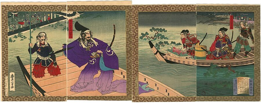 Utagawa Toyonobu ukiyo-e of Shimizu Muneharu performing seppuku in a boat on the flooded waters of Takamatsu Castle