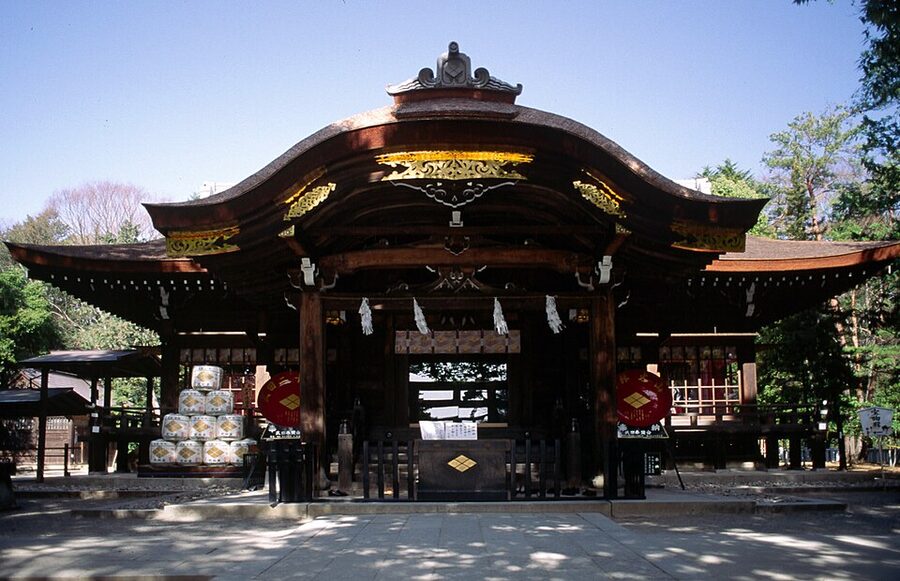 Main hall of Takeda Shrine in Kofu built 1919 on the footprint of the Tsutsujigasaki yakata residence
