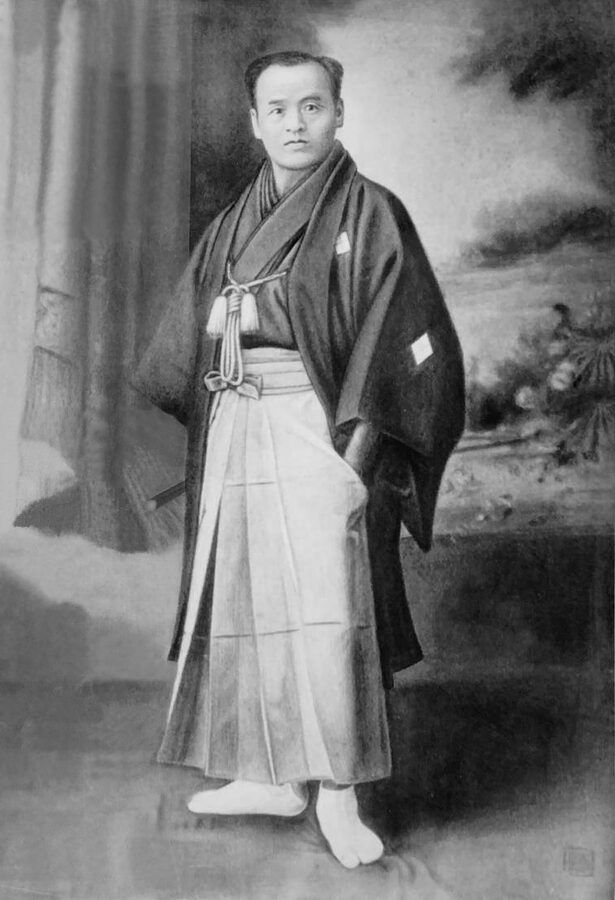 Takeda Sokaku in formal portrait, the Daito-ryu aiki-jujutsu master who taught Ueshiba
