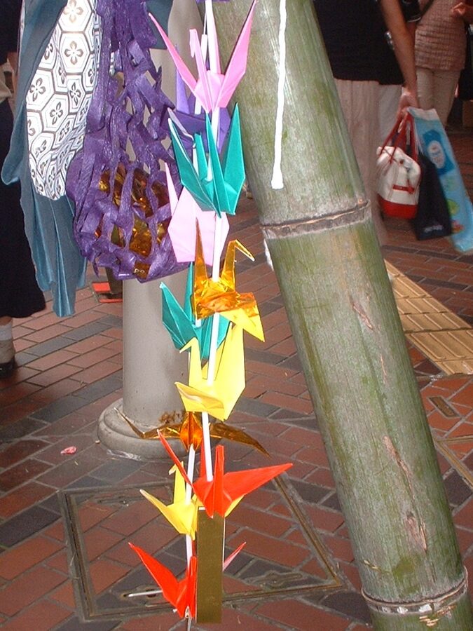 Paper origami cranes used as Tanabata orizuru decoration