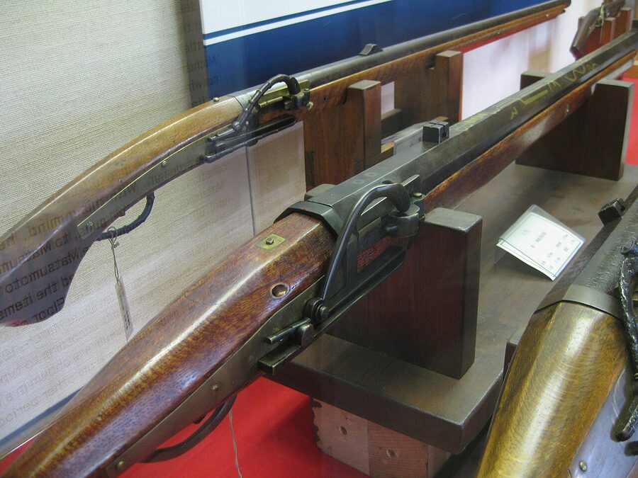 Antique Japanese tanegashima matchlock rifles displayed at Kumamoto Castle the type of arquebus introduced via Portuguese traders to Tanegashima in 1543