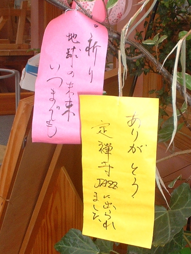 Detail of tanzaku paper strips with handwritten Tanabata wishes
