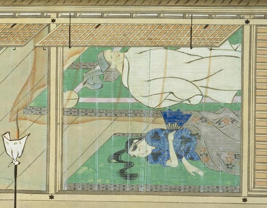 Scene from the 1309 Kasuga Gongen Genki scroll by Takashina Takakane showing two figures on tatami mats — one of the earliest visual records of tatami use