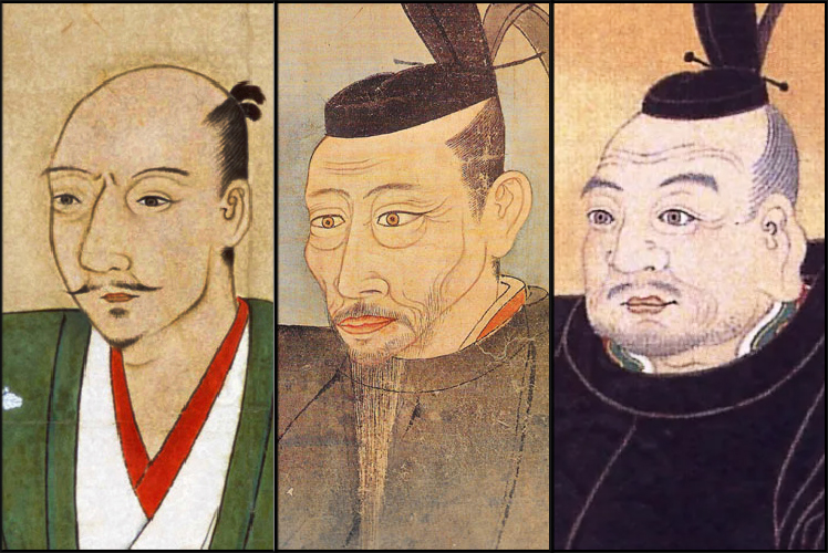 Composite painting showing the three unifiers of Japan Oda Nobunaga on the left Toyotomi Hideyoshi in the middle Tokugawa Ieyasu on the right, combined from three separate Kano-school portraits