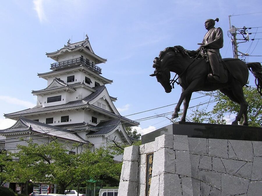 Statue of Todo Takatora in front of Imabari Castle in Ehime Prefecture