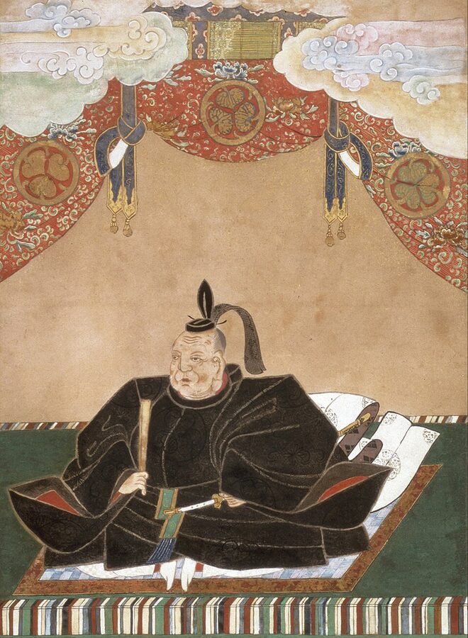 Formal Edo-period portrait of Tokugawa Ieyasu attributed to Kano Tan-yu, commissioned by the Owari Tokugawa branch — the shogun who won Sekigahara and founded the Tokugawa bakufu