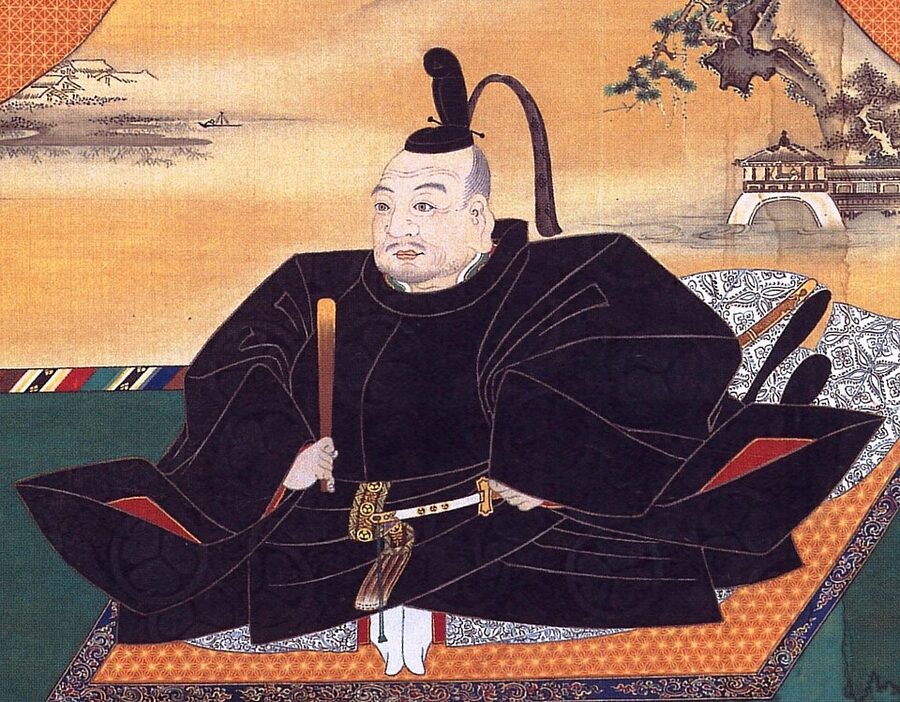 Formal seated portrait of Tokugawa Ieyasu by the Kano school Edo period, attributed to Kano Tanyu, showing the first Tokugawa shogun in court robes