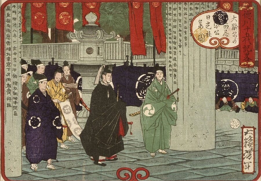 Tsukioka Yoshitoshi 1875 ukiyo-e depicting Tokugawa Tsunayoshi visiting Nikko Toshogu Shrine