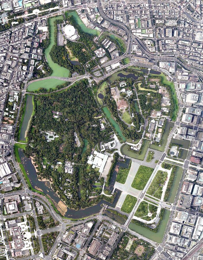 Aerial view of Tokyo Imperial Palace and surrounding grounds on the former Edo Castle site in central Chiyoda ward