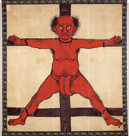 Edo-period painting by Otiai Saheiji Michihisa depicting the crucifixion of Torii Suneemon at Nagashino in 1575
