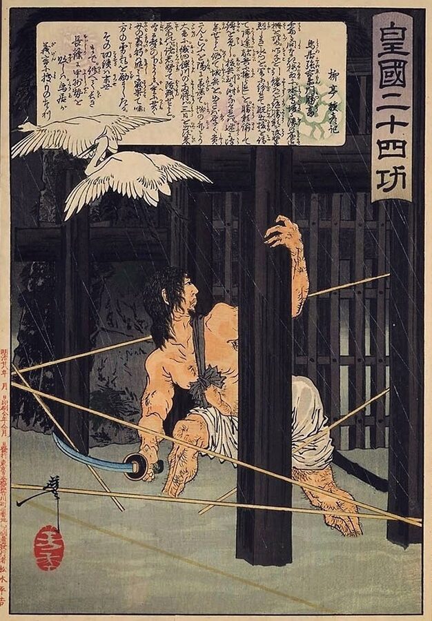 Edo-period painting showing Torii Suneemon escaping besieged Nagashino Castle by swimming out through the Takeda army lines at night 1575