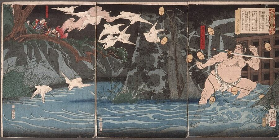Meiji-era ukiyo-e triptych from LACMA collection depicting the heroic Torii Suneemon Katsutaka at the Siege of Nagashino
