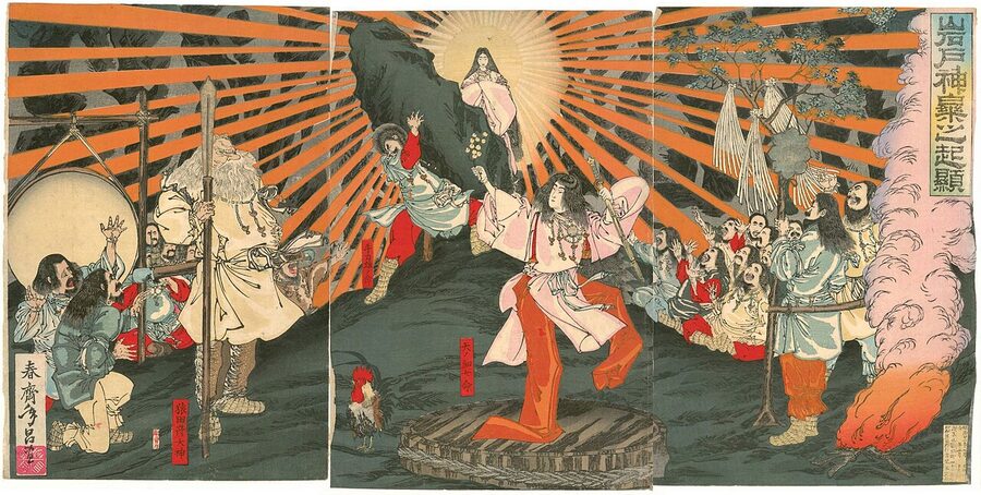 Toshimasa 1889 print of Amaterasu and the cave dance