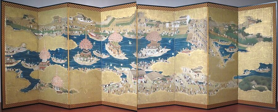 Kanei-era Edo-period painted screen depicting the night festival of Tsushima Shrine with makiwarabune lantern boats, the same scene Nobunaga is said to have watched