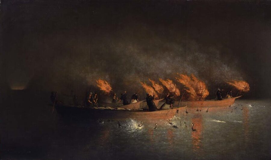 1891 oil painting by Takahashi Yuichi showing cormorant fishing boats on the Nagara River at night, torches reflecting on the water