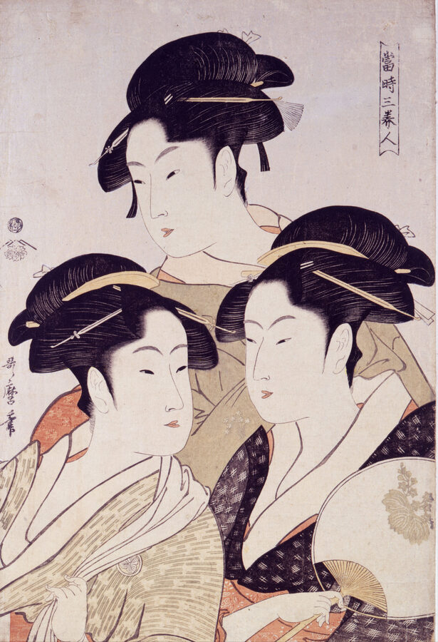 Utamaro woodblock print Three Beauties of the Present Day showing three Edo period women