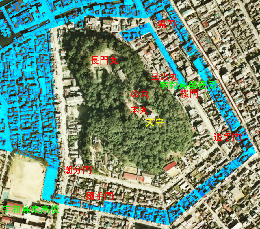 Uwajima Castle aerial view showing the distinctive five-sided pentagon layout designed by Todo Takatora in 1596