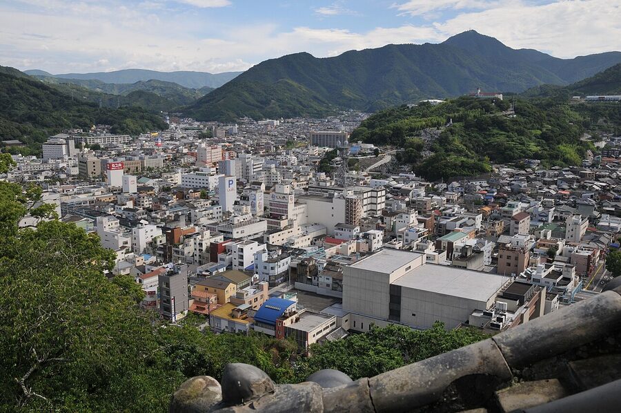 Modern Uwajima city skyline viewed from the keep tower at Uwajima Castle