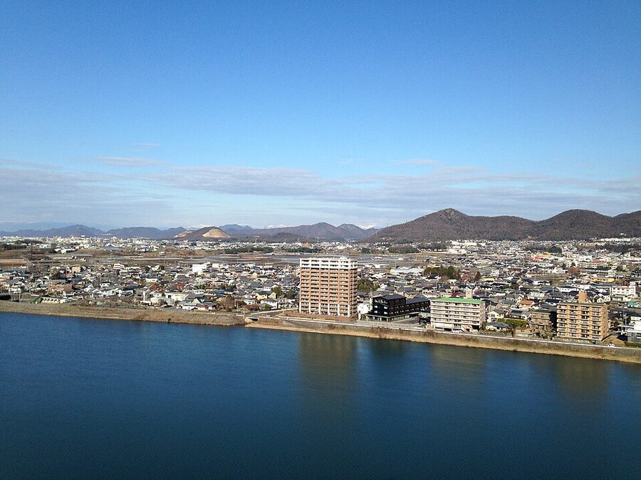 View west from the top floor of Inuyama Castle tenshu across the Kiso River toward Gifu Prefecture