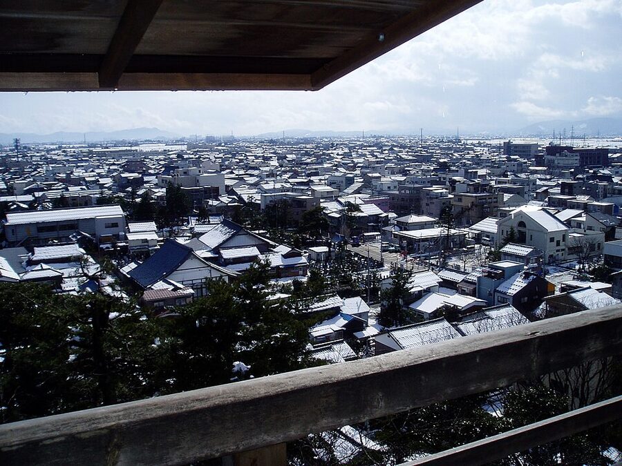 View from the top floor of Maruoka Castle across the Sakai plain toward the Hakusan mountains