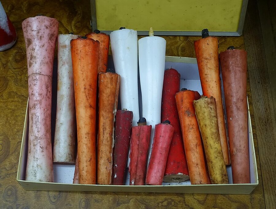 Historical warousoku candles display at Hirata Folk Art Museum in Takayama Gifu showing range of traditional sizes and forms
