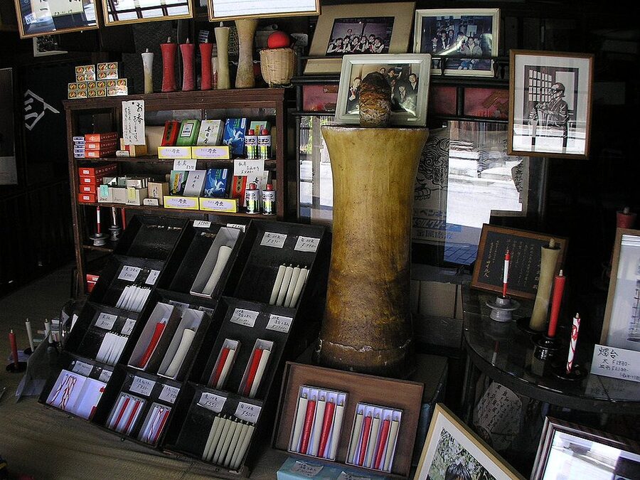 Mishimaya warousoku traditional candle shop in Hida-Furukawa Gifu showing candles displayed for sale