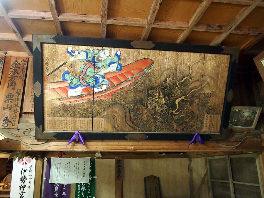 Wooden ema board depicting the Yamata no Orochi story