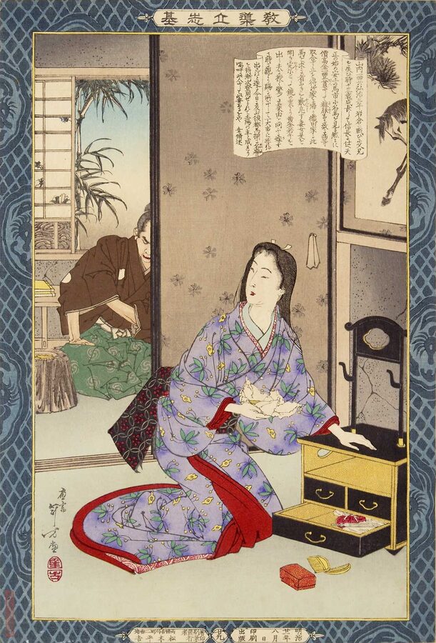 Meiji-era Kyodo risshi no motoi print by Mizuno Toshikata showing Chiyo presenting the ten-ryo horse fund to Yamauchi Kazutoyo the founding anecdote of the Yamauchi rise