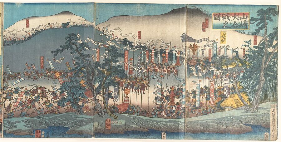 Utagawa Sadahide triptych of the Battle of Yamazaki from the Metropolitan Museum of Art — Hideyoshi's forces crossing the Enmyoji-gawa against Akechi Mitsuhide