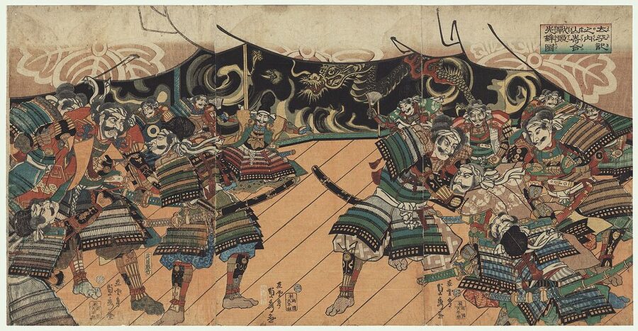 Utagawa Sadahide ukiyo-e of Hideyoshi's council of war before the Battle of Yamazaki in 1582