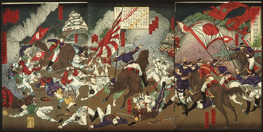 Tsukioka Yoshitoshi ukiyo-e print of the 1877 battle around Kumamoto Castle showing Imperial Army and Satsuma forces engaging at the perimeter walls