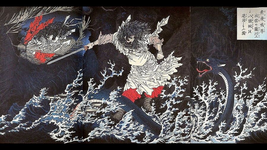 Yoshitoshi print of Susanoo discovering the sword