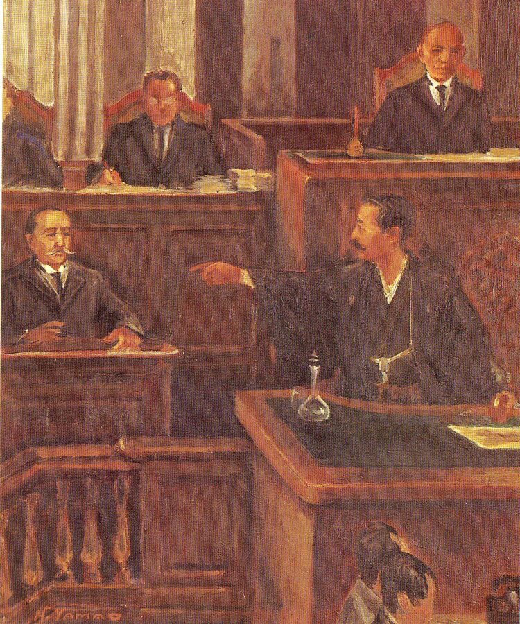 Black-and-white photograph of Yukio Ozaki facing Prime Minister Taro Katsura inside the Diet during the 1913 constitutional protection movement