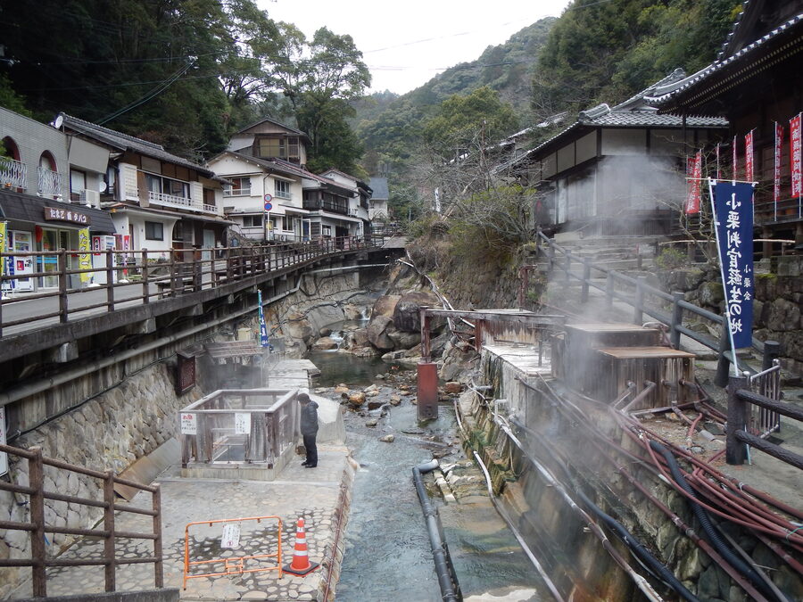 Yunomine Onsen pilgrim village with hot spring stream running through the centre